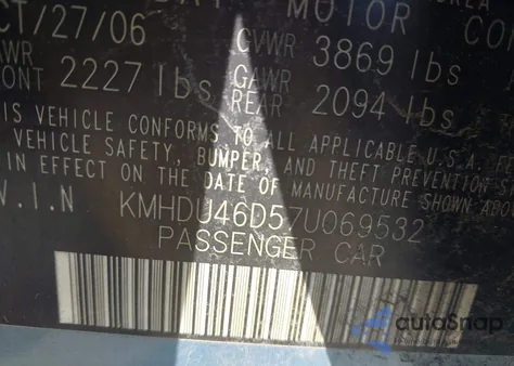 2007 Hyundai Elantra Gls/Limited/Se z USA, uszkodzony, nr VIN KMHDU46D57U069532